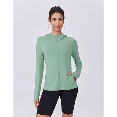 Pinspark Women's Hooded Running Jacket Sun Protection Full Zip Slim Fit Active Jacket with Pockets