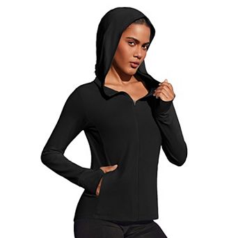 PINSPARK Women's Hooded Running Jacket Sun Protection Full Zip Slim Fit Active Jacket with Pockets