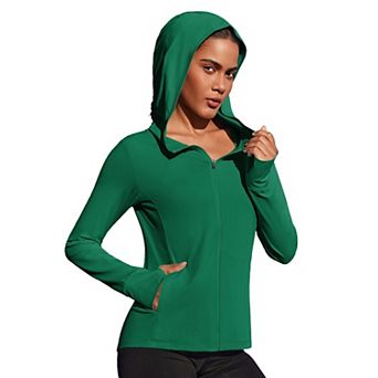 Pinspark Women's Hooded Running Jacket Sun Protection Full Zip Slim Fit Active Jacket with Pockets