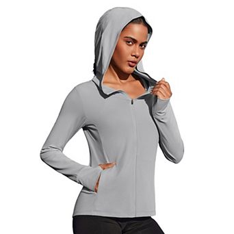 Pinspark Women's Hooded Running Jacket Sun Protection Full Zip Slim Fit Active Jacket with Pockets