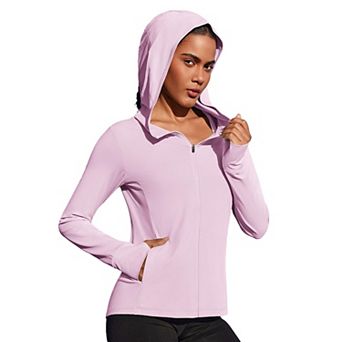 Pinspark Women's Hooded Running Jacket Sun Protection Full Zip Slim Fit Active Jacket with Pockets