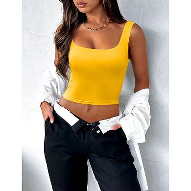 Zeagoo Womens Cropped Tank Tops Summer Square Neck Double Layer Slim Fitted Y2k Crop Top