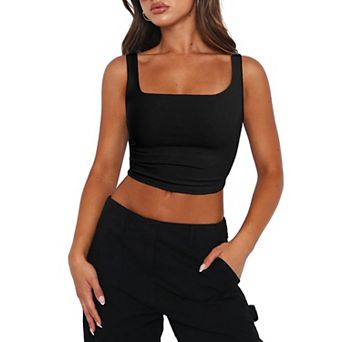 Zeagoo Womens Cropped Tank Tops Summer Square Neck Double Layer Slim Fitted Y2k Crop Top