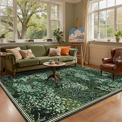 Modern Botanical Area Rug Machine Washable Low Pile Pet Friendly Foldable Floor Cover for Bedroom