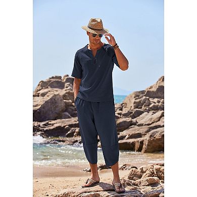 COOFANDY Men' 2 Pieces Linen Shirt Set Henley Shirt Short Sleeve and Harem Capri Pants