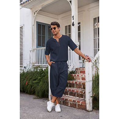COOFANDY Men' 2 Pieces Linen Shirt Set Henley Shirt Short Sleeve and Harem Capri Pants