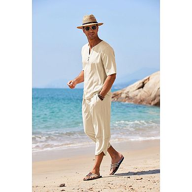 COOFANDY Men' 2 Pieces Linen Shirt Set Henley Shirt Short Sleeve and Harem Capri Pants