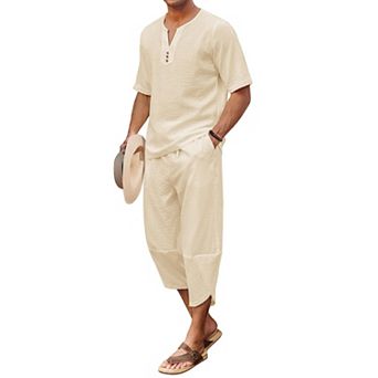 COOFANDY Men' 2 pc Linen Shirt Set Henley Shirt Short Sleeve and Harem Capri Pants