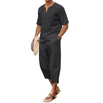 COOFANDY Men' 2 pc Linen Set Henley Shirt Short Sleeve and Harem Capri Pants