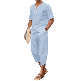 COOFANDY Men' 2 pc Linen Set Henley Shirt Short Sleeve and Harem Capri Pants
