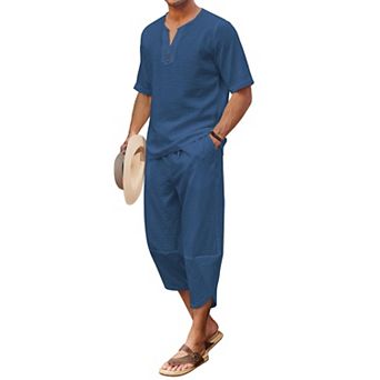 COOFANDY Men' 2 pc Linen Set Henley Shirt Short Sleeve and Harem Capri Pants