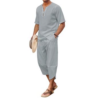 COOFANDY Men' 2 pc Linen Set Henley Shirt Short Sleeve and Harem Capri Pants