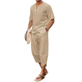 COOFANDY Men' 2 pc Linen Set Henley Shirt Short Sleeve and Harem Capri Pants