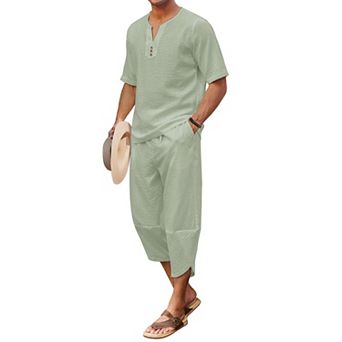 COOFANDY Men' 2 pc Linen Set Henley Shirt Short Sleeve and Harem Capri Pants