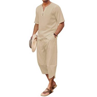 COOFANDY Men' 2 pc Linen Shirt Set Henley Shirt Short Sleeve and Harem Capri Pants