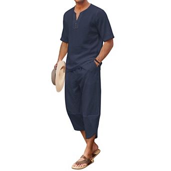 COOFANDY Men' 2 pc Linen Shirt Set Henley Shirt Short Sleeve and Harem Capri Pants