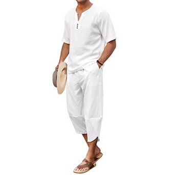 COOFANDY Men' 2 pc Linen Set Henley Shirt Short Sleeve and Harem Capri Pants