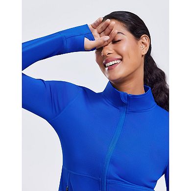 PINSPARK Women's Cropped Athletic Jacket Full Zip Slim Fit Running Jacket with Thumb Holes