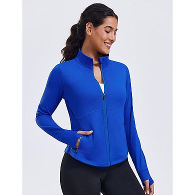 PINSPARK Women's Cropped Athletic Jacket Full Zip Slim Fit Running Jacket with Thumb Holes