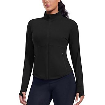 PINSPARK Women's Cropped Athletic Jacket Full Zip Slim Fit Running Jacket with Thumb Holes