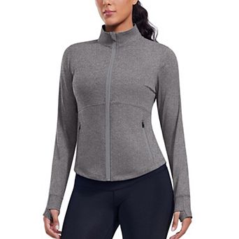 PINSPARK Women's Cropped Athletic Jacket Full Zip Slim Fit Running Jacket with Thumb Holes