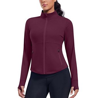 PINSPARK Women's Cropped Athletic Jacket Full Zip Slim Fit Running Jacket with Thumb Holes