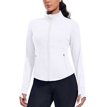 PINSPARK Women's Cropped Athletic Jacket Full Zip Slim Fit Running Jacket with Thumb Holes