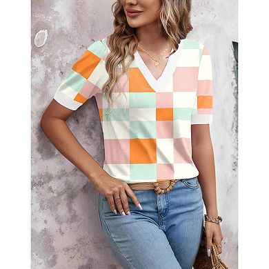 Zeagoo Womens Short Sleeve Sweaters Soft Casual V Neck Pullover Tops Lightweight Knit Sweater Blouse