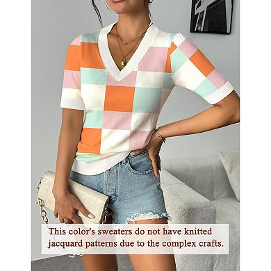 Zeagoo Womens Short Sleeve Sweaters Soft Casual V Neck Pullover Tops Lightweight Knit Sweater Blouse