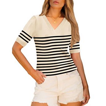 Zeagoo Womens Short Sleeve Sweaters Soft Casual V Neck Pullover Tops Lightweight Knit Sweater Blouse