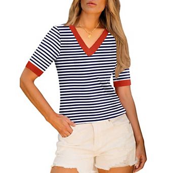 Zeagoo Womens Short Sleeve Sweaters Soft Casual V Neck Pullover Tops Lightweight Knit Sweater Blouse