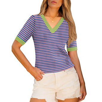 Zeagoo Womens Short Sleeve Sweaters Soft Casual V Neck Pullover Tops Lightweight Knit Sweater Blouse