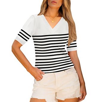 Zeagoo Womens Short Sleeve Sweaters Soft Casual V Neck Pullover Tops Lightweight Knit Sweater Blouse