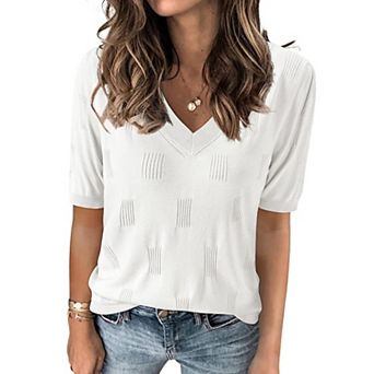 Zeagoo Womens Short Sleeve Sweaters Soft Casual V Neck Pullover Tops Lightweight Knit Sweater Blouse