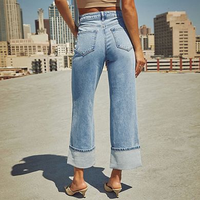 Women's High Waist Stretch Denim Straight Leg Jeans