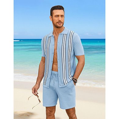 COOFANDY Men' Button Down Polo Sets Two-Piece Vintage Polo Shirts And Shorts Set Summer Casual