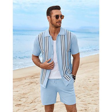 COOFANDY Men' Button Down Polo Sets Two-Piece Vintage Polo Shirts And Shorts Set Summer Casual