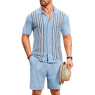 COOFANDY Men' Button Down Polo Sets Two-Piece Vintage Polo Shirts And Shorts Set Summer Casual