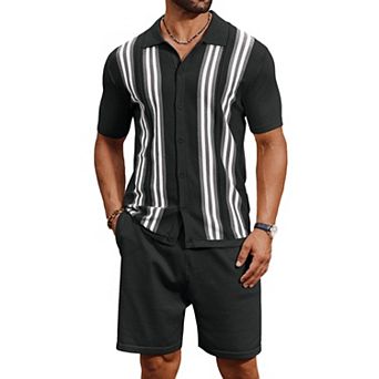 COOFANDY Men' Button Down Polo Sets Two-Piece Vintage Polo Shirts And Shorts Set Summer Casual