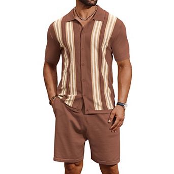 COOFANDY Men' Button Down Polo Sets Two-Piece Vintage Polo Shirts And Shorts Set Summer Casual