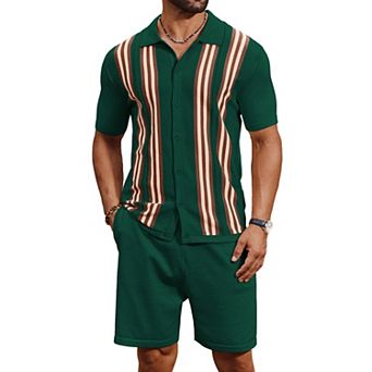 COOFANDY Men' Button Down Polo Sets Two-Piece Vintage Polo Shirts And Shorts Set Summer Casual