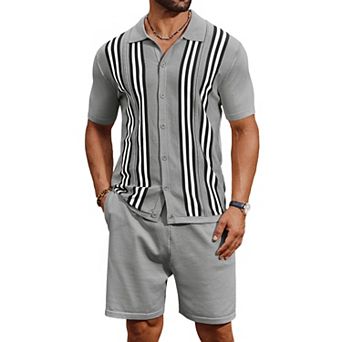 COOFANDY Men' Button Down Polo Sets Two-Piece Vintage Polo Shirts And Shorts Set Summer Casual