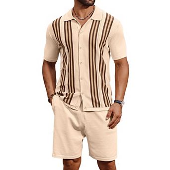 COOFANDY Men' Button Down Polo Sets Two-Piece Vintage Polo Shirts And Shorts Set Summer Casual