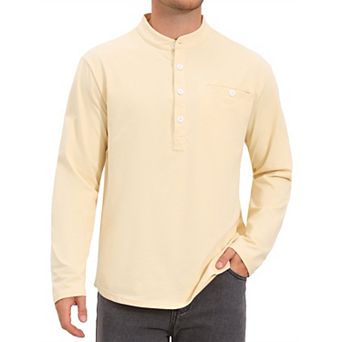 Men's Henley Shirts Long Sleeve Button Chest Pocket Casual T-Shirt