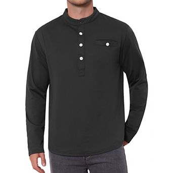 Men's Henley Shirts Long Sleeve Button Chest Pocket Casual T-Shirt