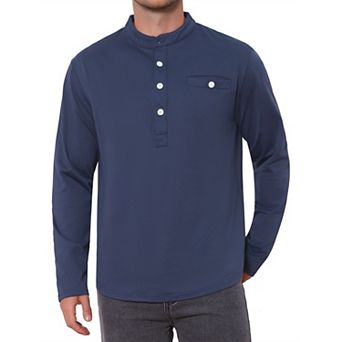 Men's Henley Shirts Long Sleeve Button Chest Pocket Casual T-Shirt