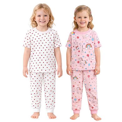 Kids Girls Rainbows Hearts 2-Pack Pajamas Snug Fit PJs Short Sleeve