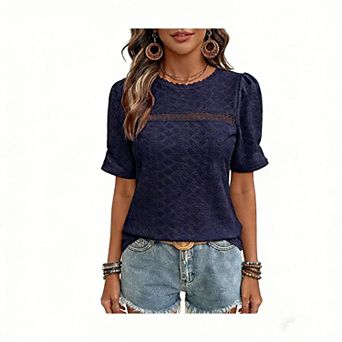 Women's Eyelet Embroidery Crew Neck Shirt Top Short Puff Sleeve Casual Blouse