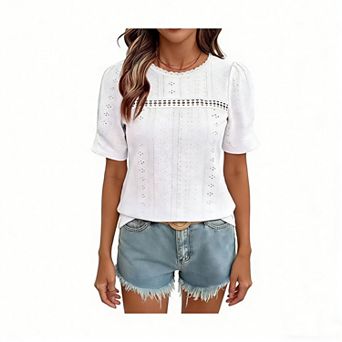 Women's Eyelet Embroidery Crew Neck Shirt Top Short Puff Sleeve Casual Blouse