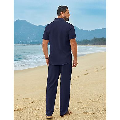 COOFANDY Men' Linen Sets 2 Piece Outfits Casual Short Sleeve Button Down Shirts and Pants Summer